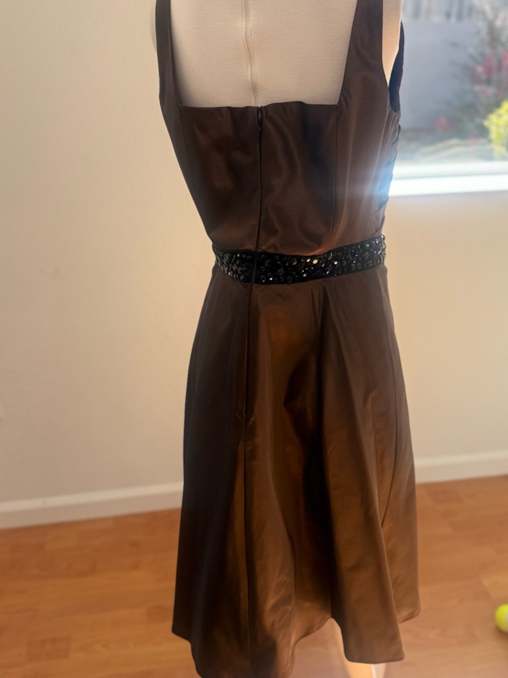 Carmen Marc Valvo Brown Satin Sleeveless Midi Dress with Beaded Waist - Picture 4 of 6